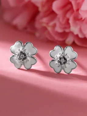 Rubans Rhodium plated 925 Sterling Silver White Enamel Flower Stud Earrings