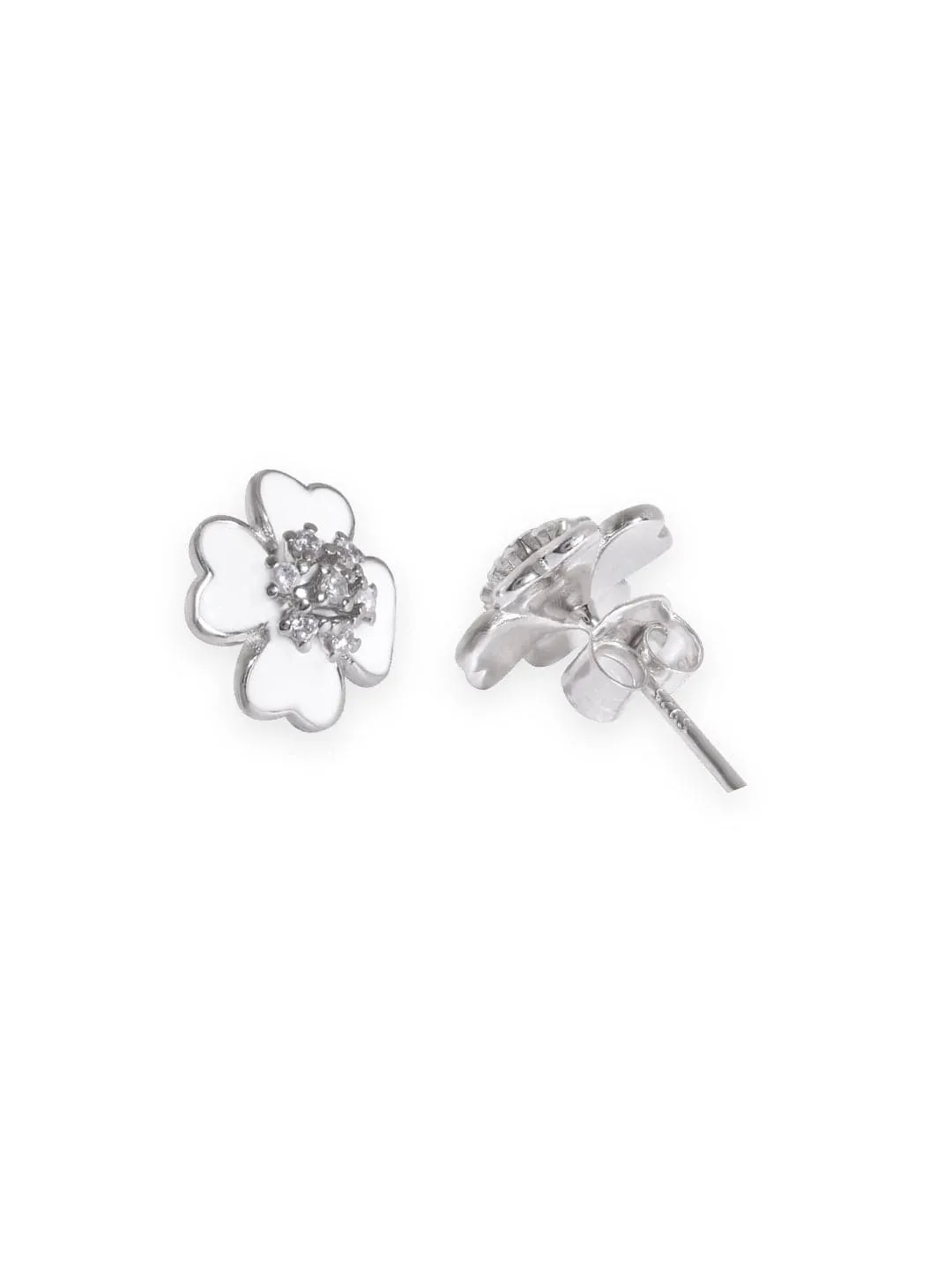 Rubans Rhodium plated 925 Sterling Silver White Enamel Flower Stud Earrings