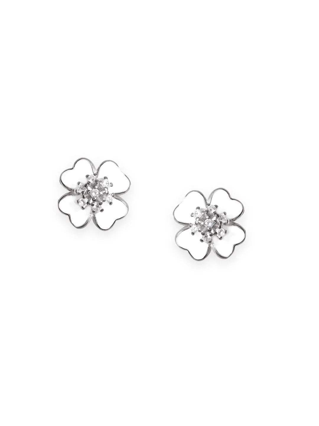 Rubans Rhodium plated 925 Sterling Silver White Enamel Flower Stud Earrings