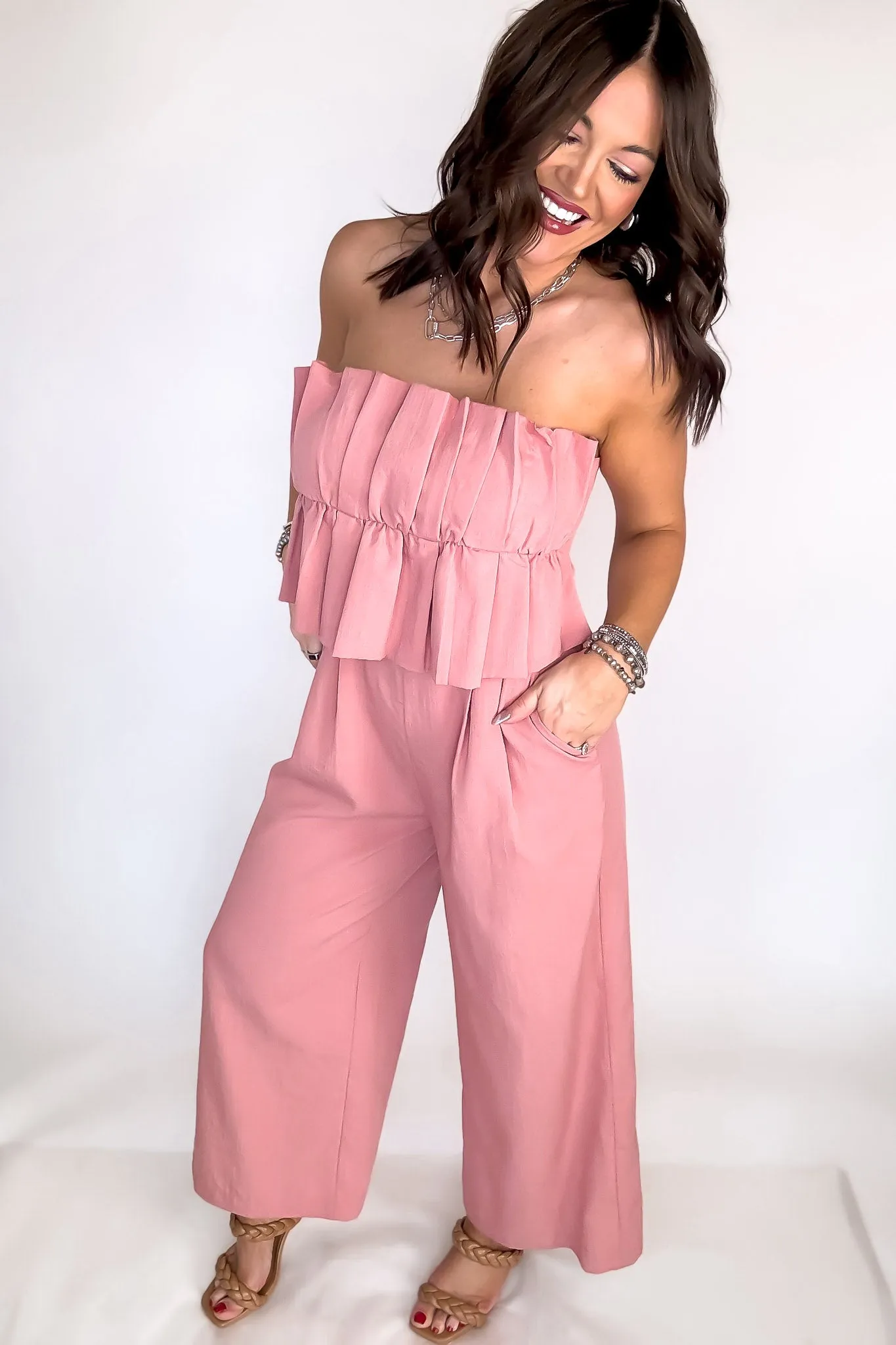 Ruffle Strapless Wide Leg Jumpsuit