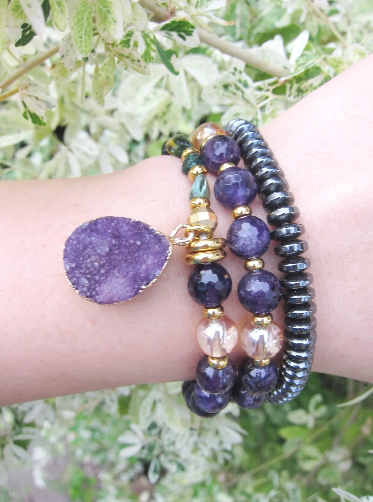 SALE - Amethyst   Quartz Mala Bracelet with Druzy Charm