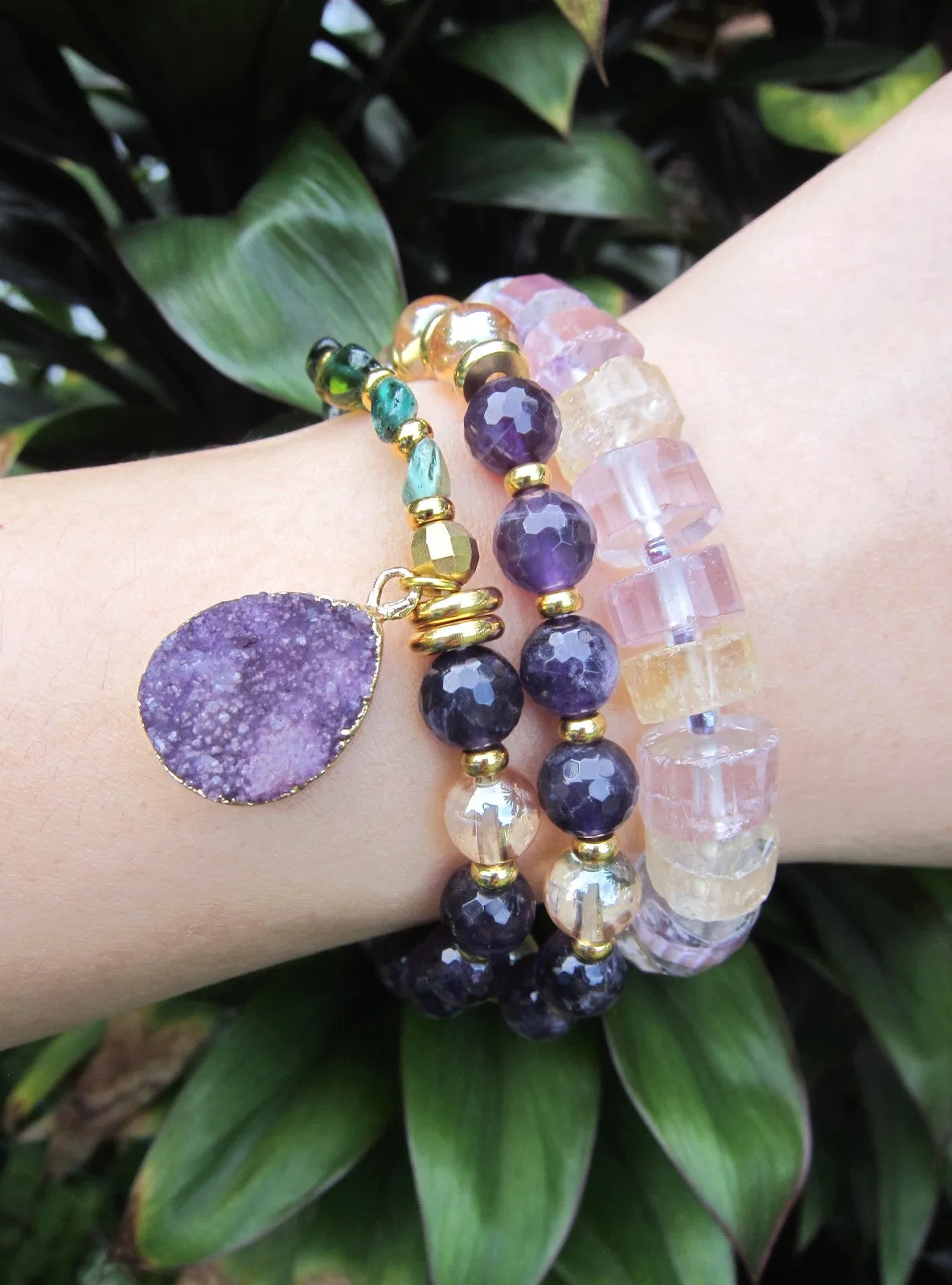 SALE - Amethyst   Quartz Mala Bracelet with Druzy Charm