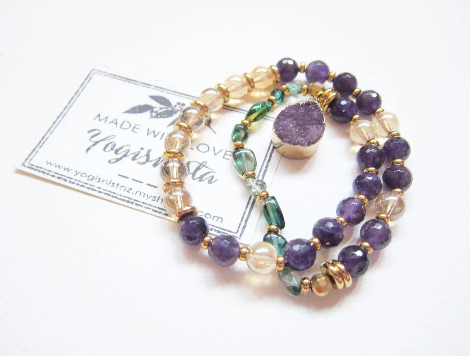 SALE - Amethyst   Quartz Mala Bracelet with Druzy Charm