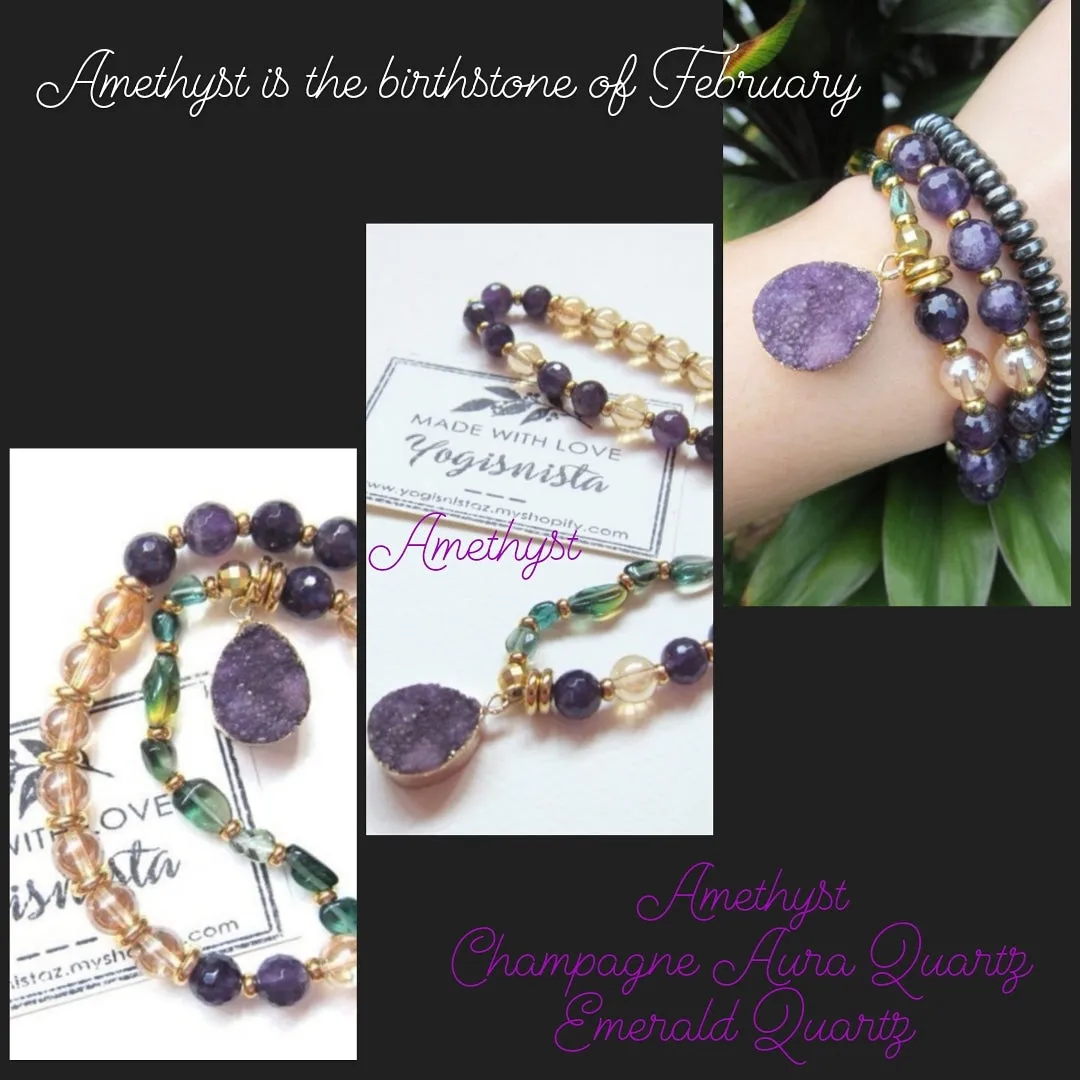 SALE - Amethyst   Quartz Mala Bracelet with Druzy Charm