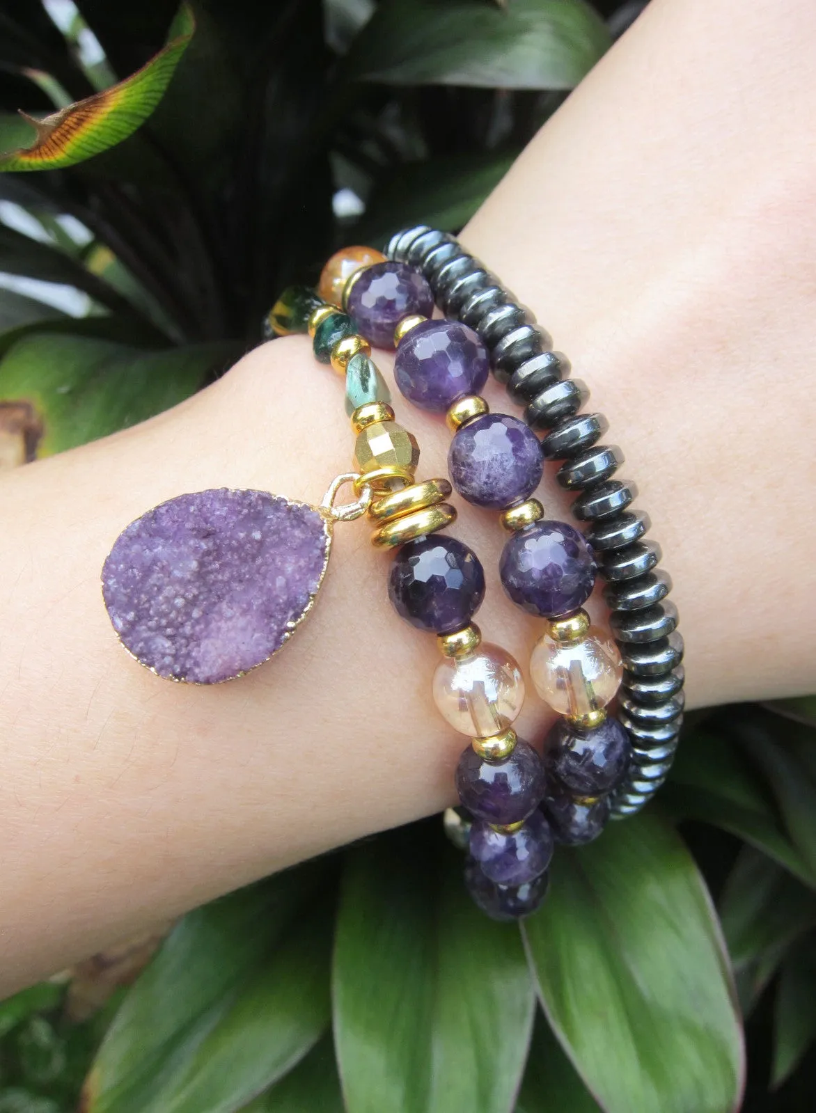 SALE - Amethyst   Quartz Mala Bracelet with Druzy Charm