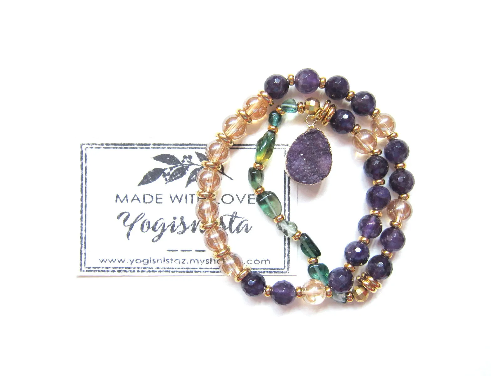 SALE - Amethyst   Quartz Mala Bracelet with Druzy Charm