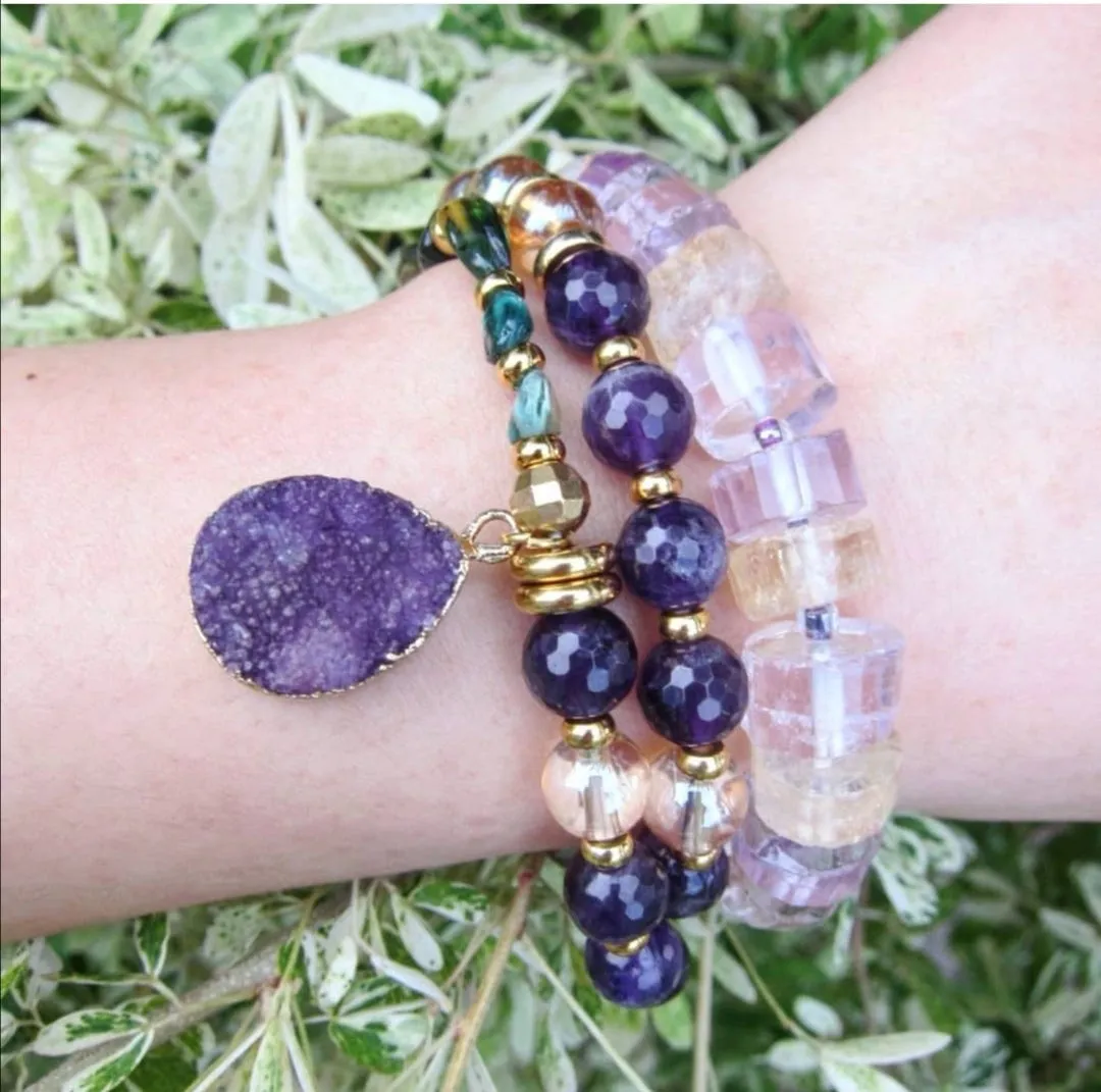 SALE - Amethyst   Quartz Mala Bracelet with Druzy Charm