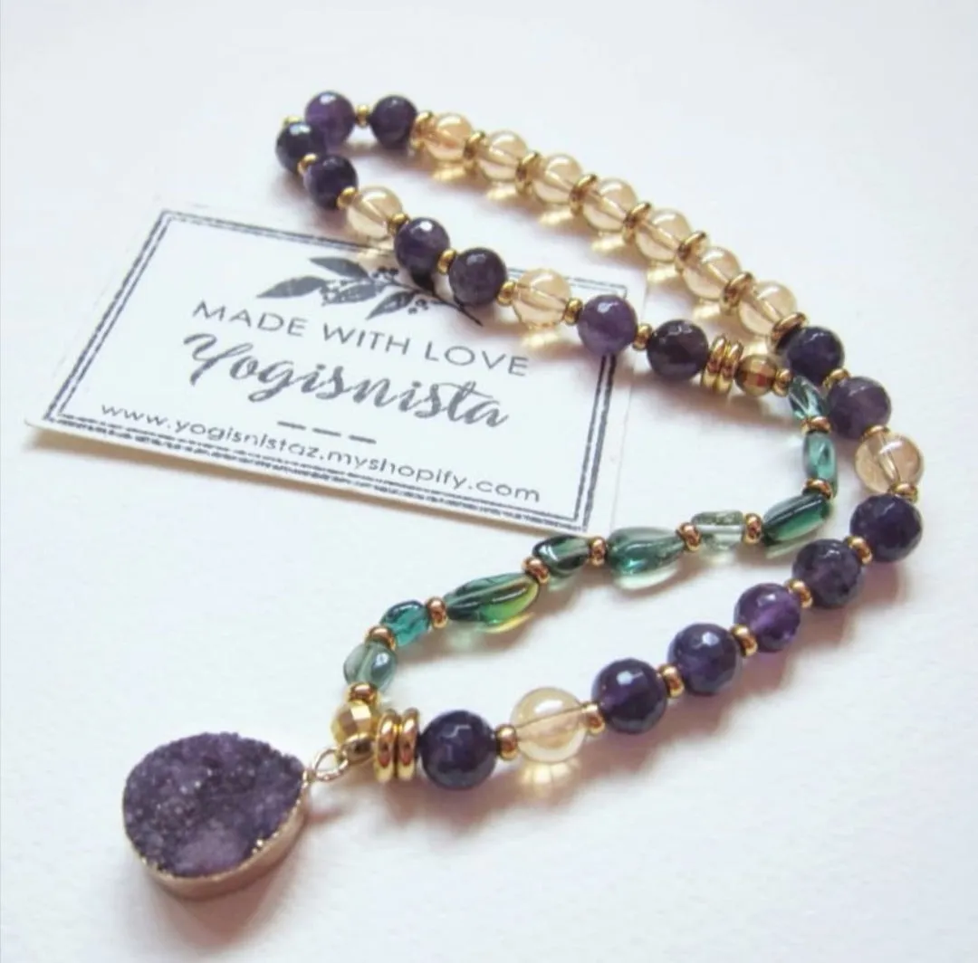 SALE - Amethyst   Quartz Mala Bracelet with Druzy Charm