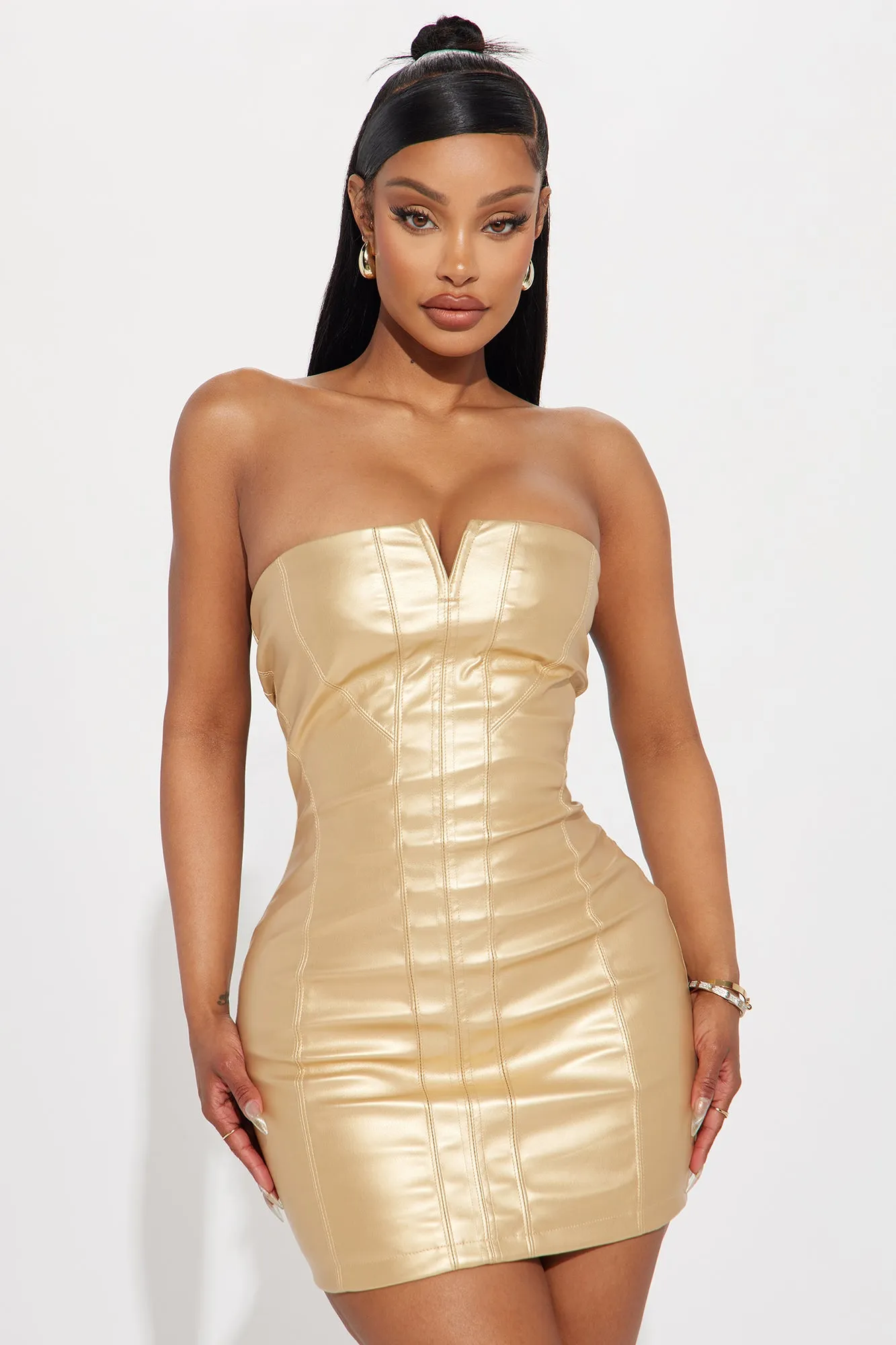 Sleek Rebel Leather Mini Dress - Gold