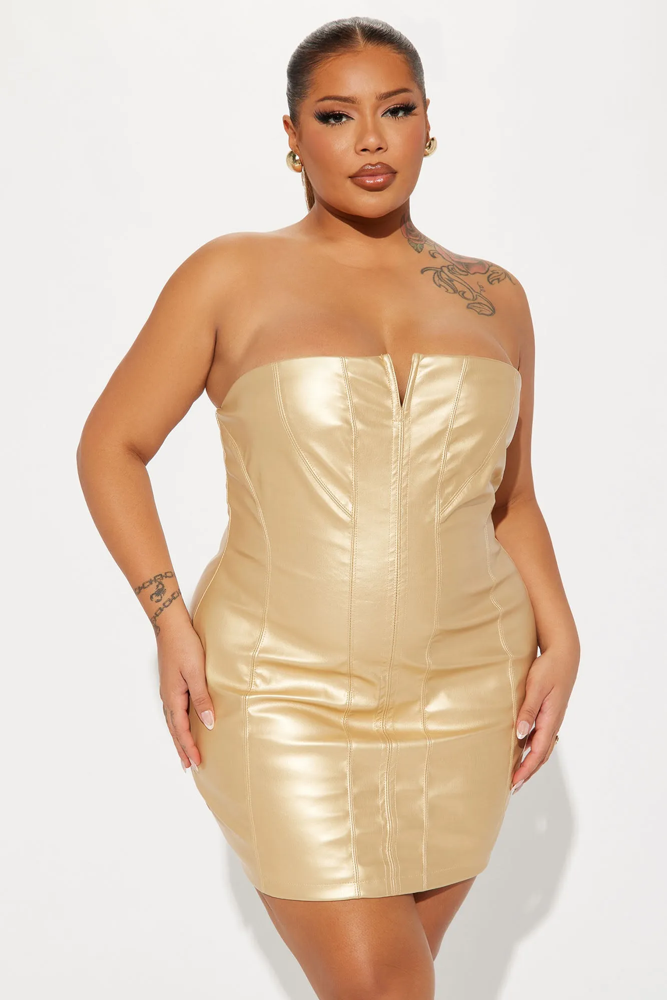 Sleek Rebel Leather Mini Dress - Gold