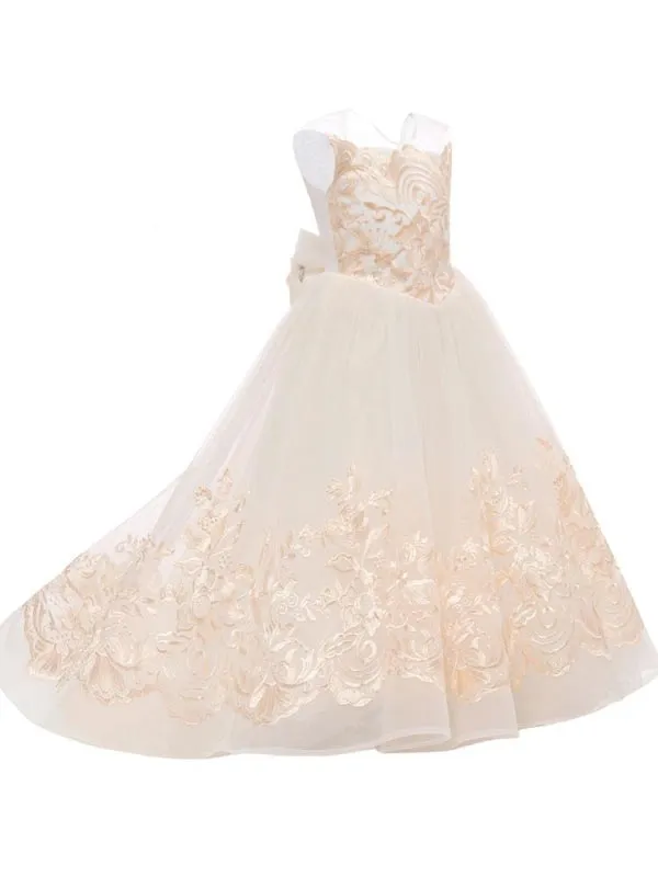 Sleeveless Flower Girl Dresses Jewel with Bows Tulle Floral Lace Kids Pageant Dresses