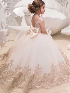 Sleeveless Flower Girl Dresses Jewel with Bows Tulle Floral Lace Kids Pageant Dresses