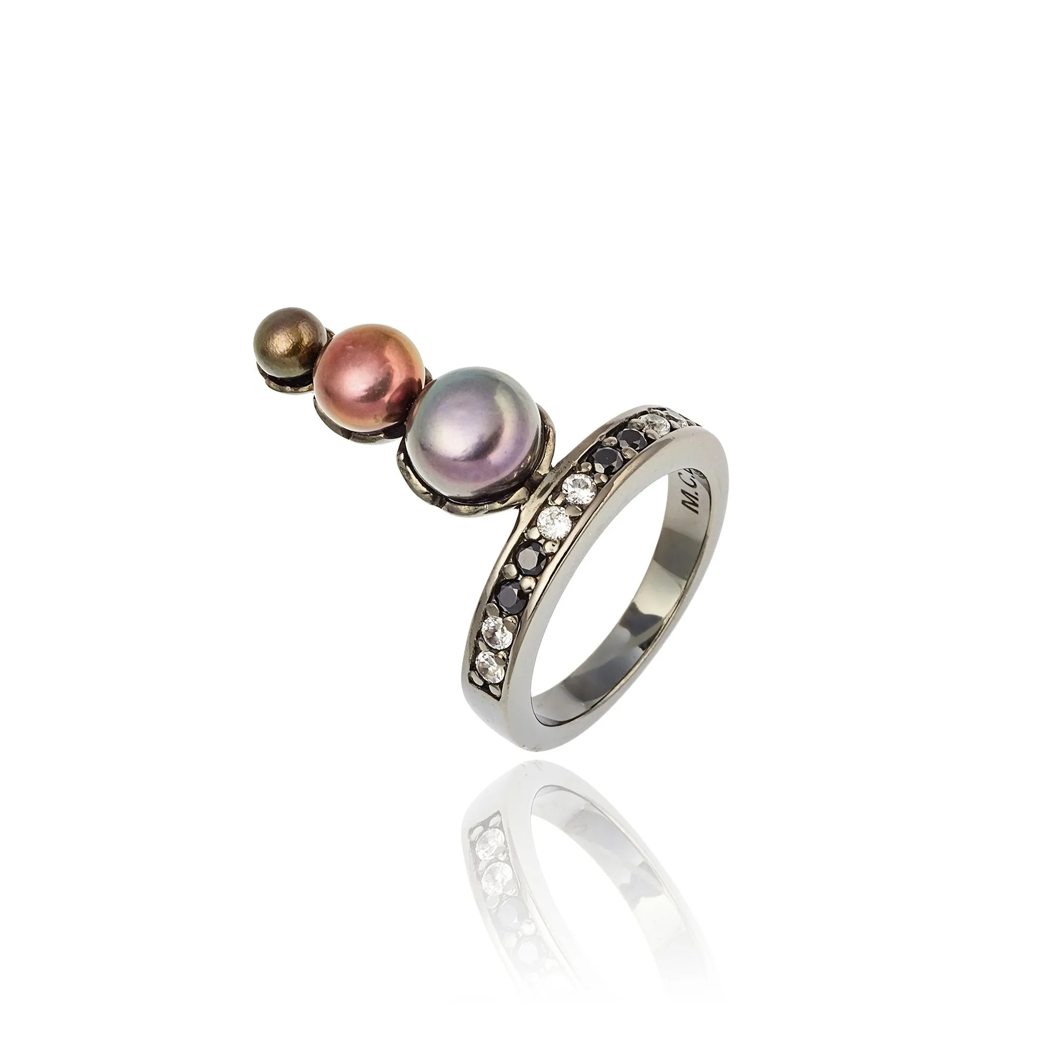 Sterling Silver Stack Ring With Black Spinel, White Topaz & Black Pearls