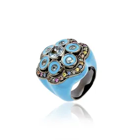 Sterling Silver Statement Ring with Midday Blue Enamel, Mixed Sapphires & Blue Topaz