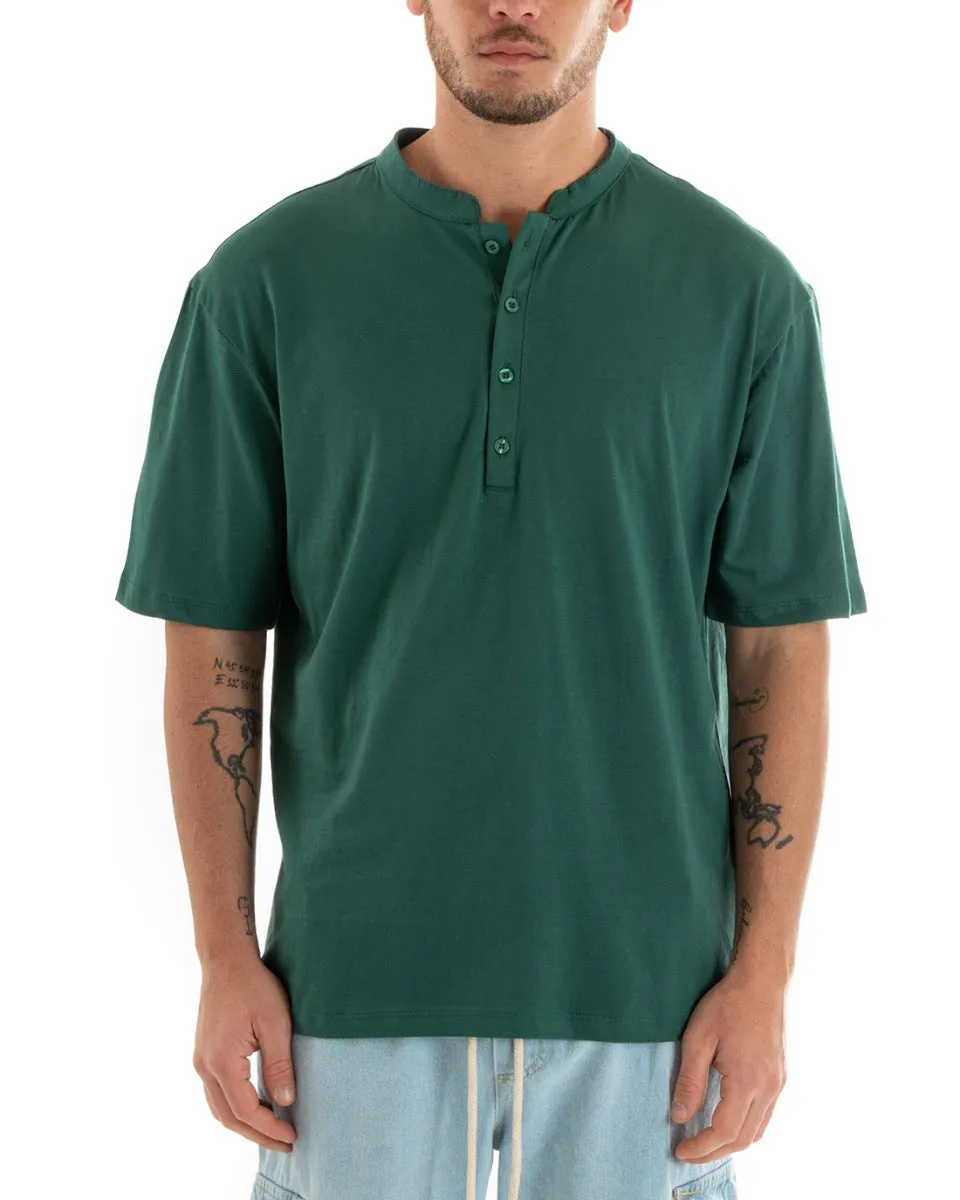 T-shirt Uomo Collo Bottoni Tinta Unita Verde Manica Corta Bianca Casual GIOSAL-TS2886A