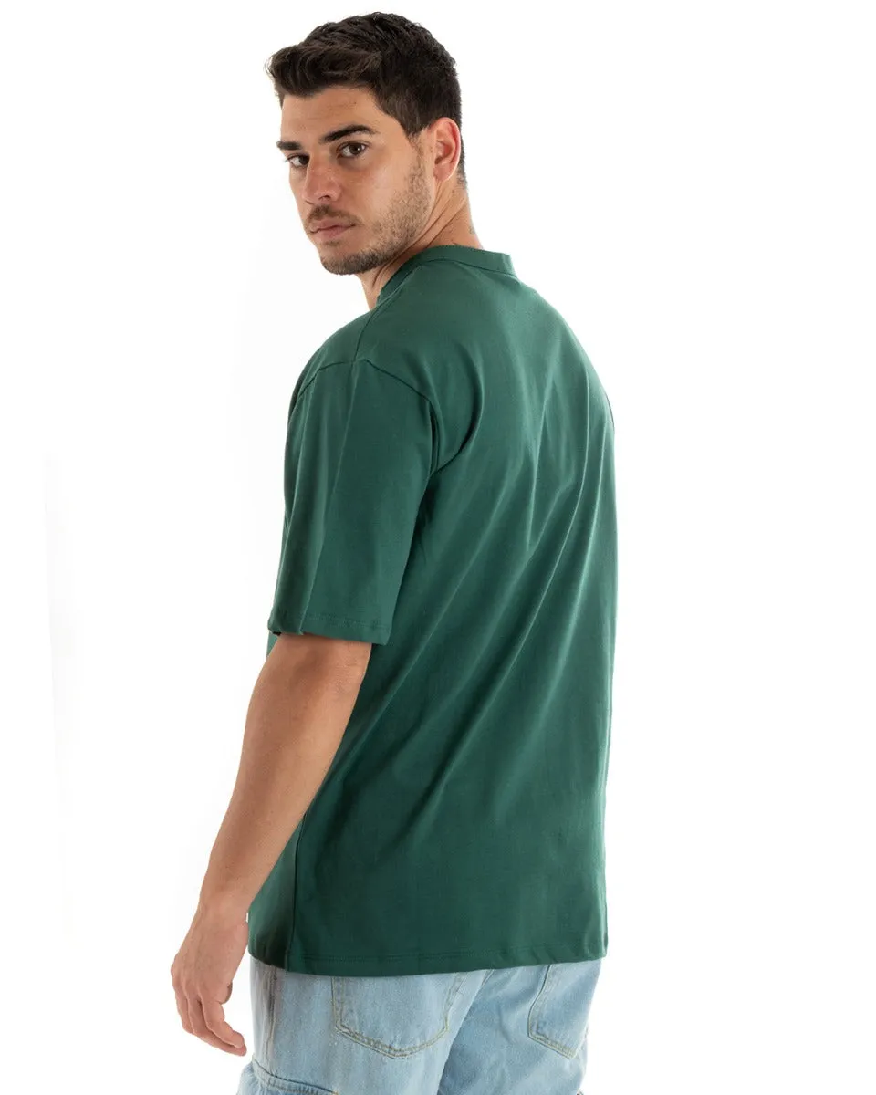 T-shirt Uomo Collo Bottoni Tinta Unita Verde Manica Corta Bianca Casual GIOSAL-TS2886A