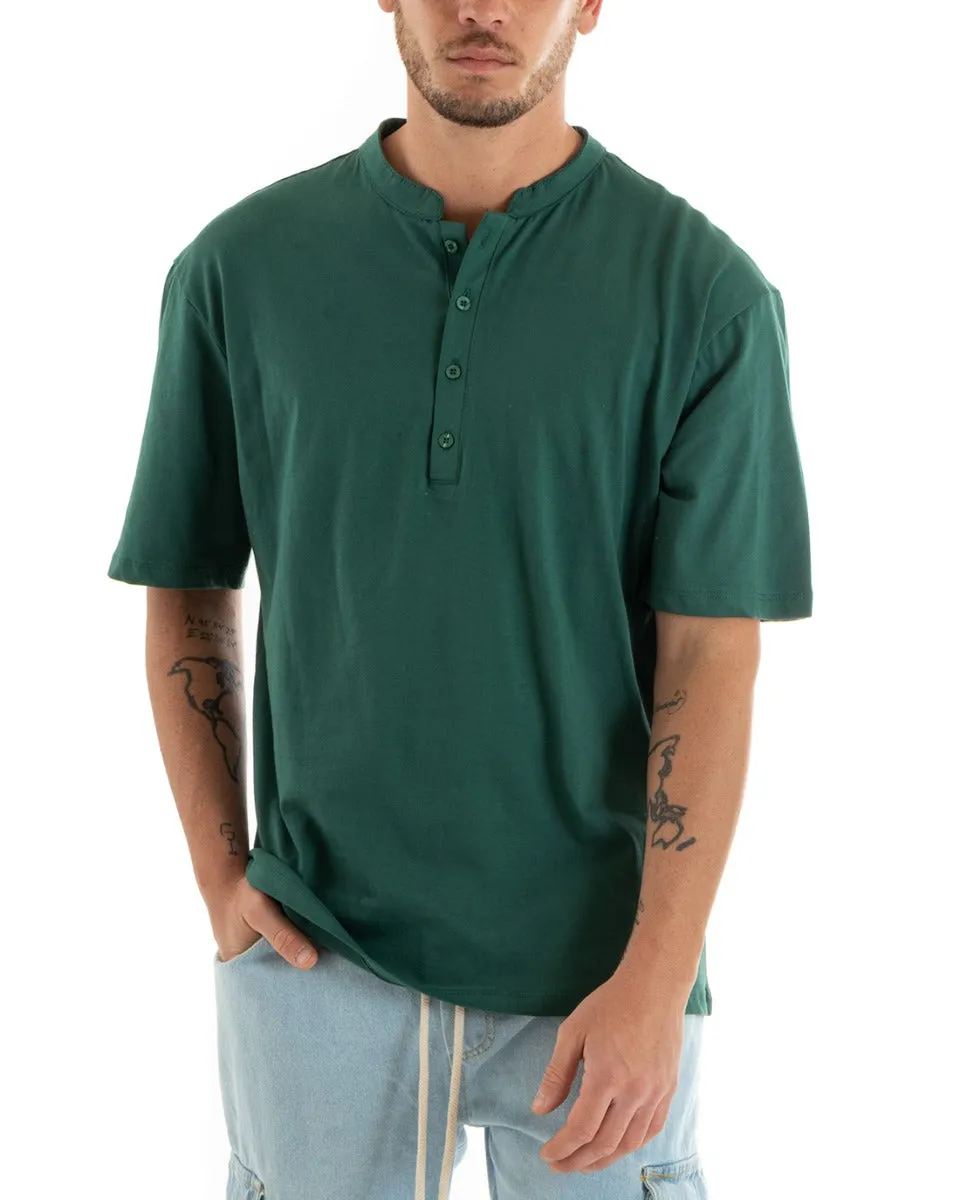 T-shirt Uomo Collo Bottoni Tinta Unita Verde Manica Corta Bianca Casual GIOSAL-TS2886A