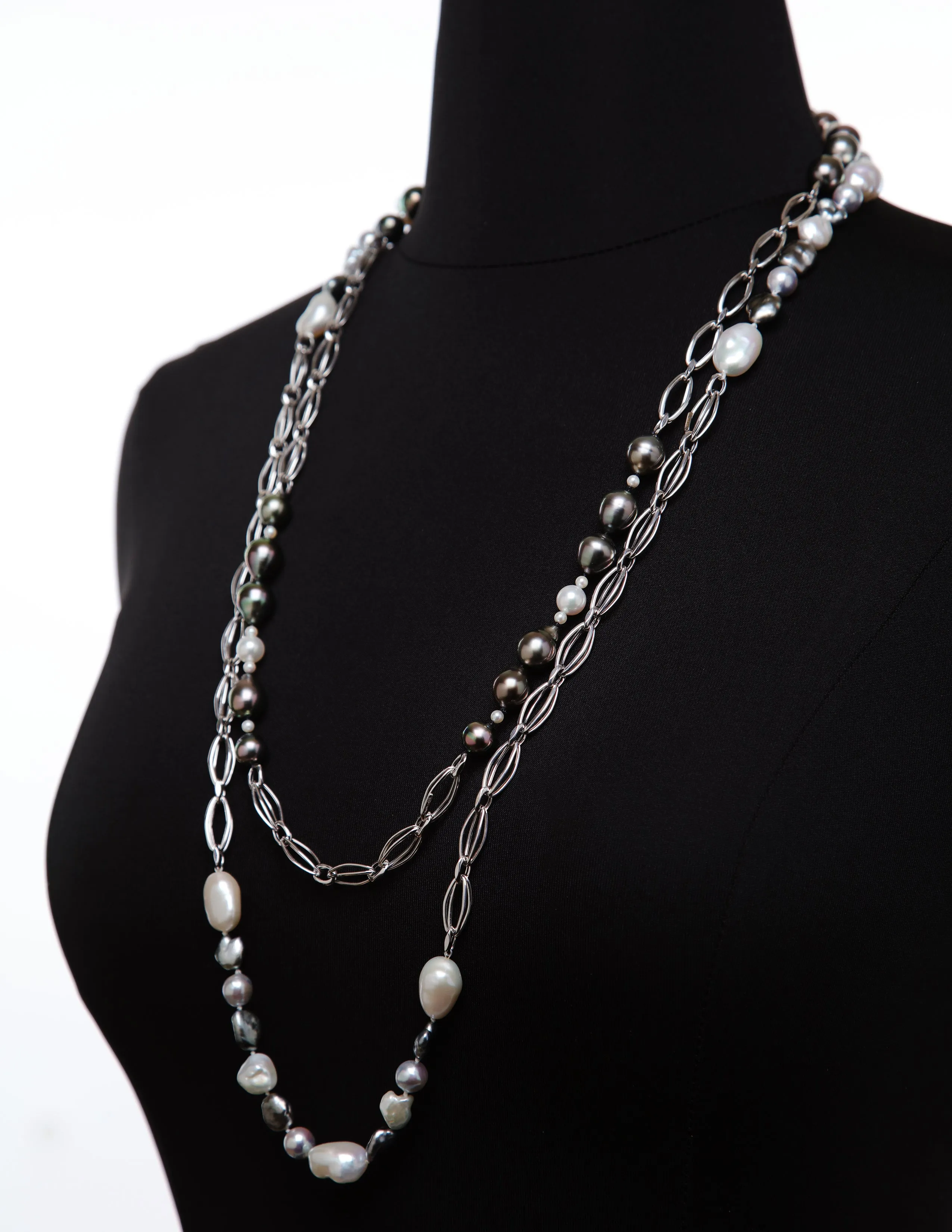 Tahitian and Akoya Pearl Sections Alternate With White Gold Chain