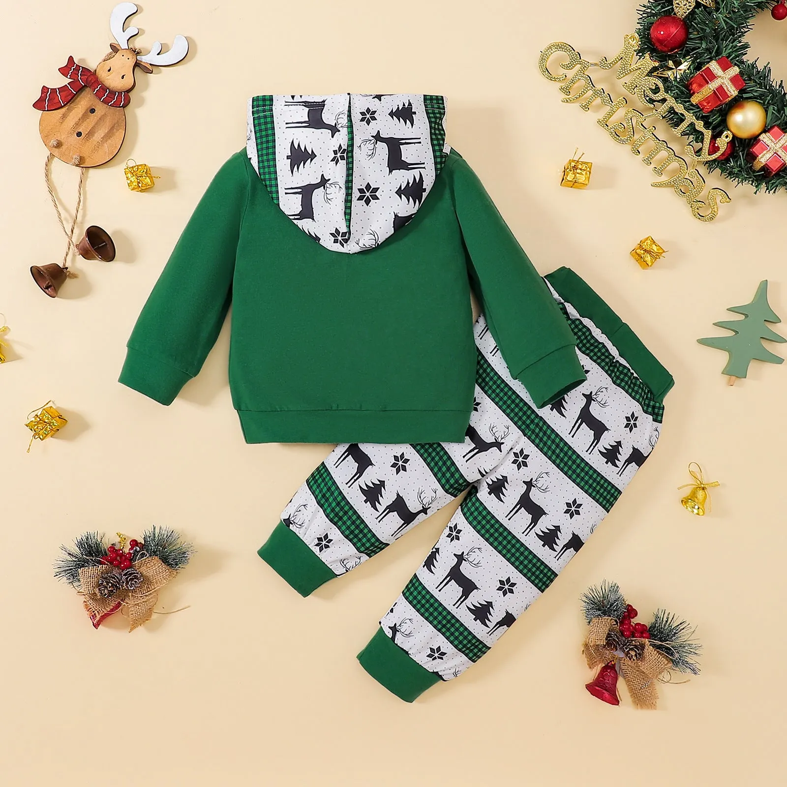 Toddler Boys Christmas Print Long-sleeved Hooded Sweatshirt and Pants Set