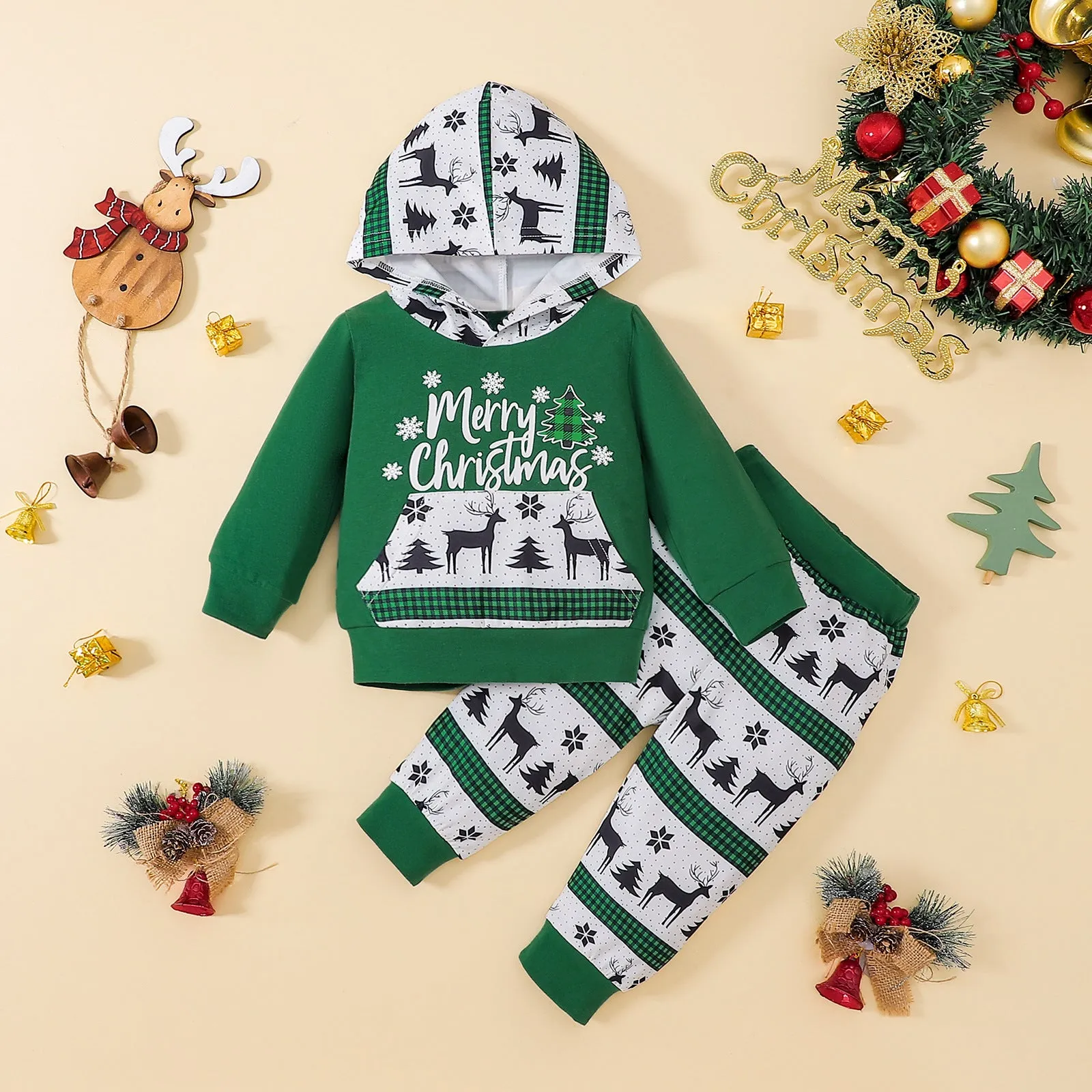 Toddler Boys Christmas Print Long-sleeved Hooded Sweatshirt and Pants Set