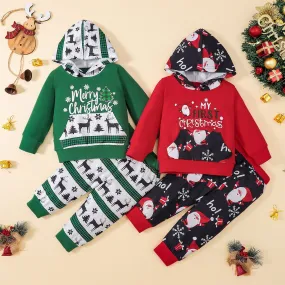 Toddler Boys Christmas Print Long-sleeved Hooded Sweatshirt and Pants Set