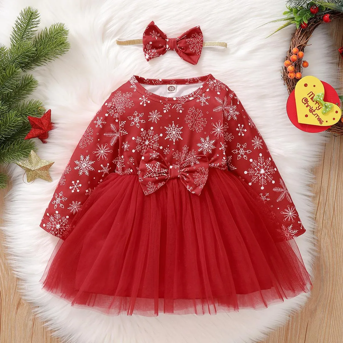 Toddler Girls Snowflake Print Mesh Patchwork Christmas Dress