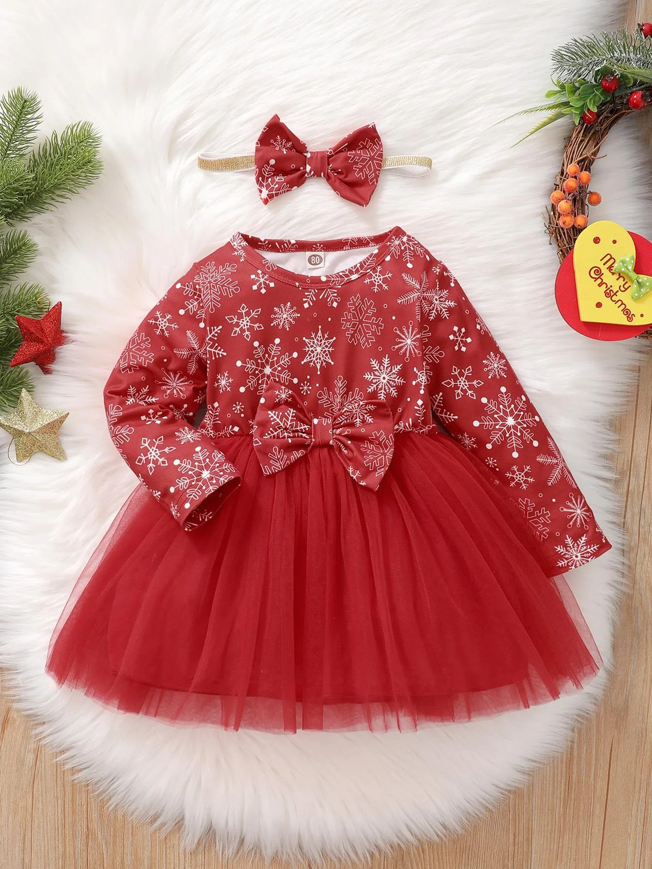 Toddler Girls Snowflake Print Mesh Patchwork Christmas Dress