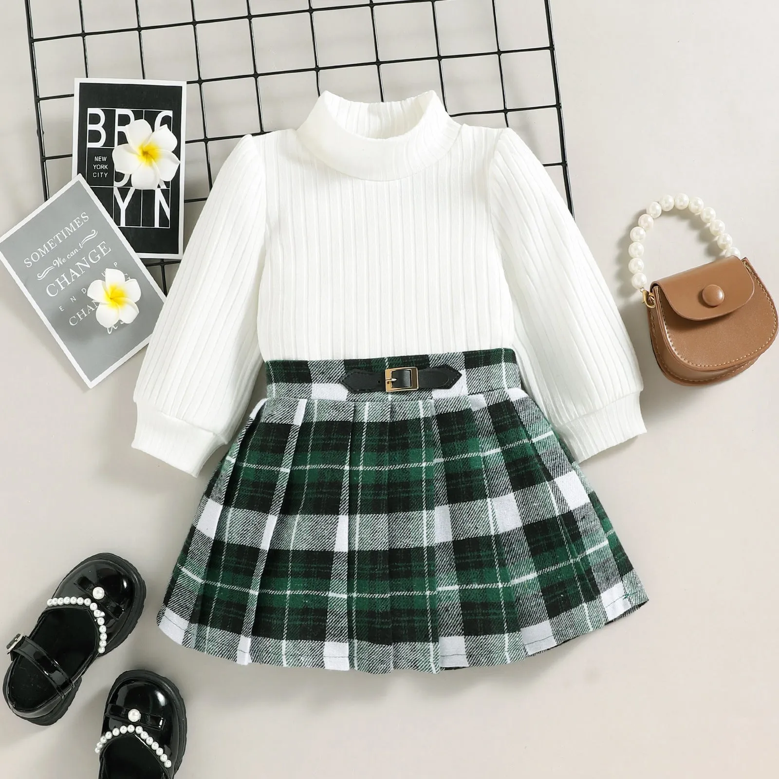 Toddler Girls Solid Color High Collar Long Sleeve Plaid Printed Pleated Skirt Suit