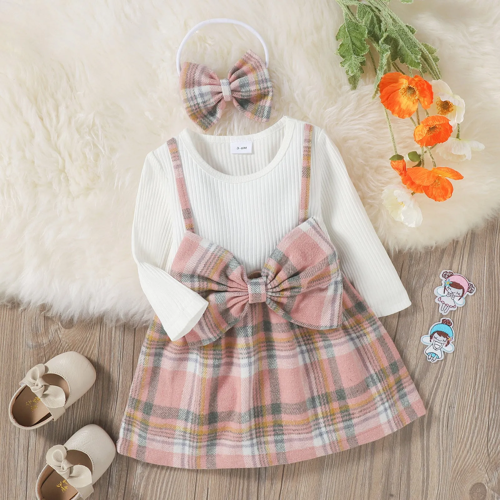 Toddler Kids Girls Plaid Bow Fake Two Pieces Dress Hairband Set