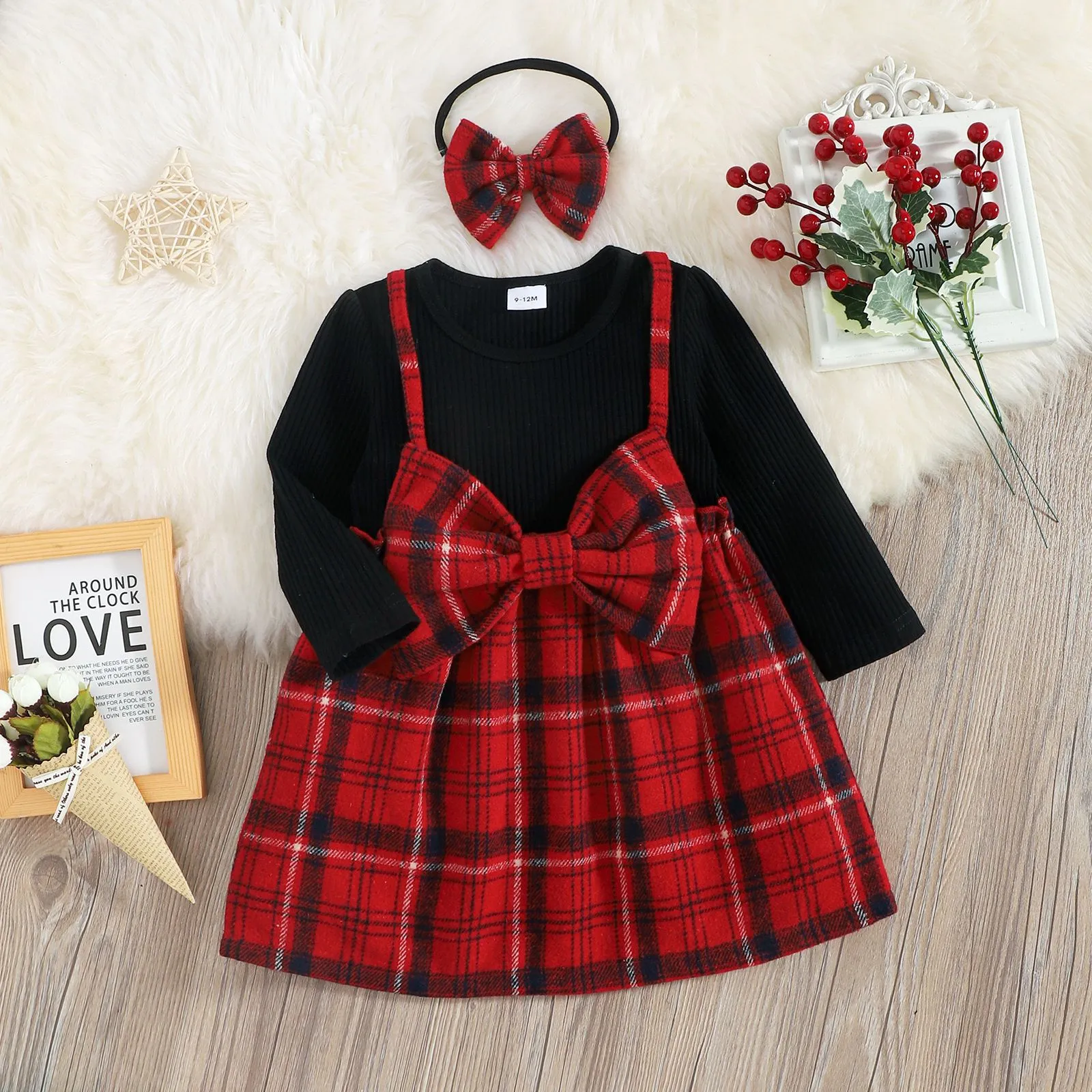 Toddler Kids Girls Plaid Bow Fake Two Pieces Dress Hairband Set