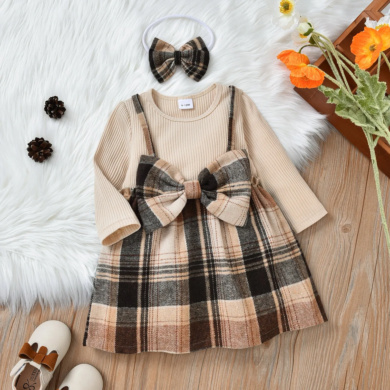 Toddler Kids Girls Plaid Bow Fake Two Pieces Dress Hairband Set