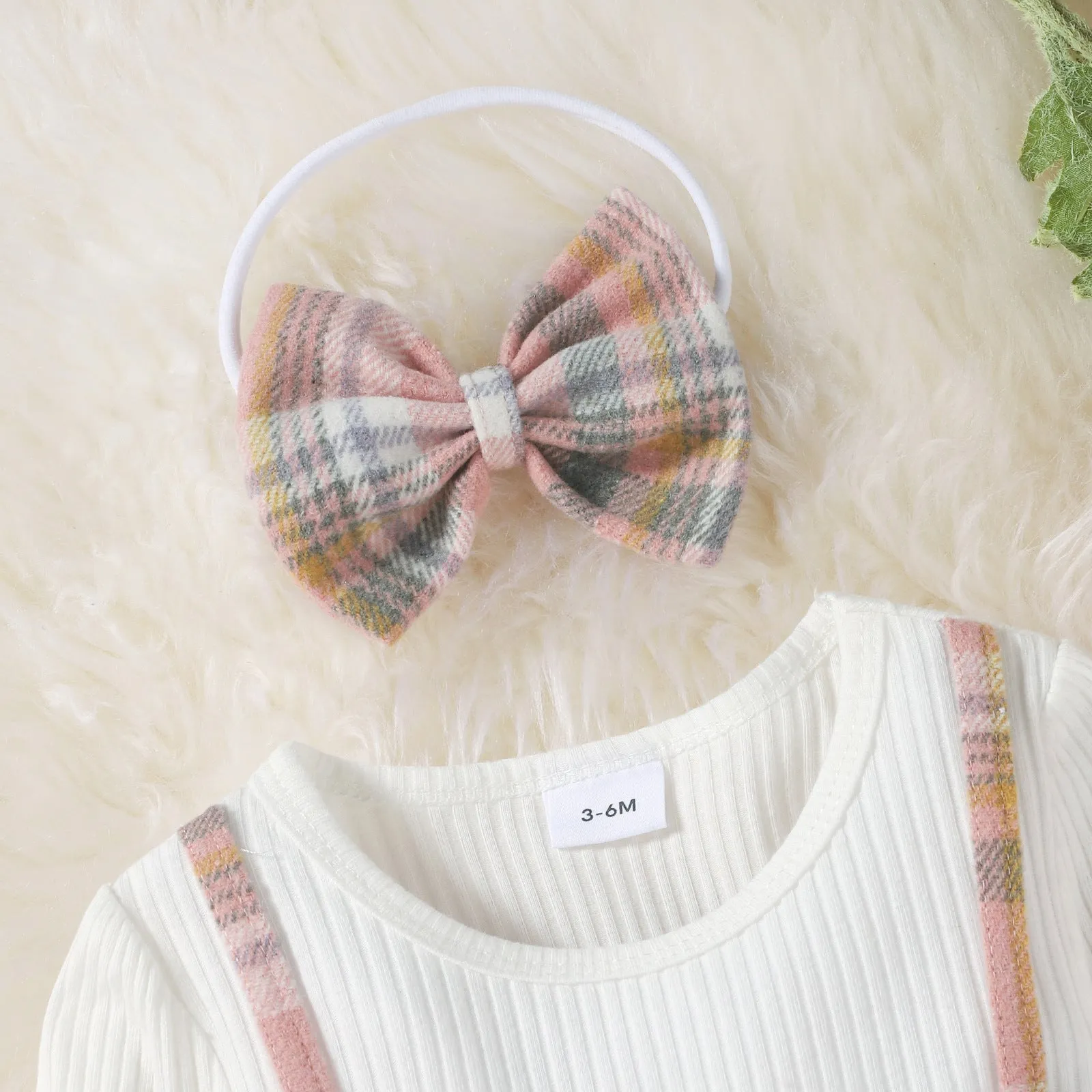 Toddler Kids Girls Plaid Bow Fake Two Pieces Dress Hairband Set