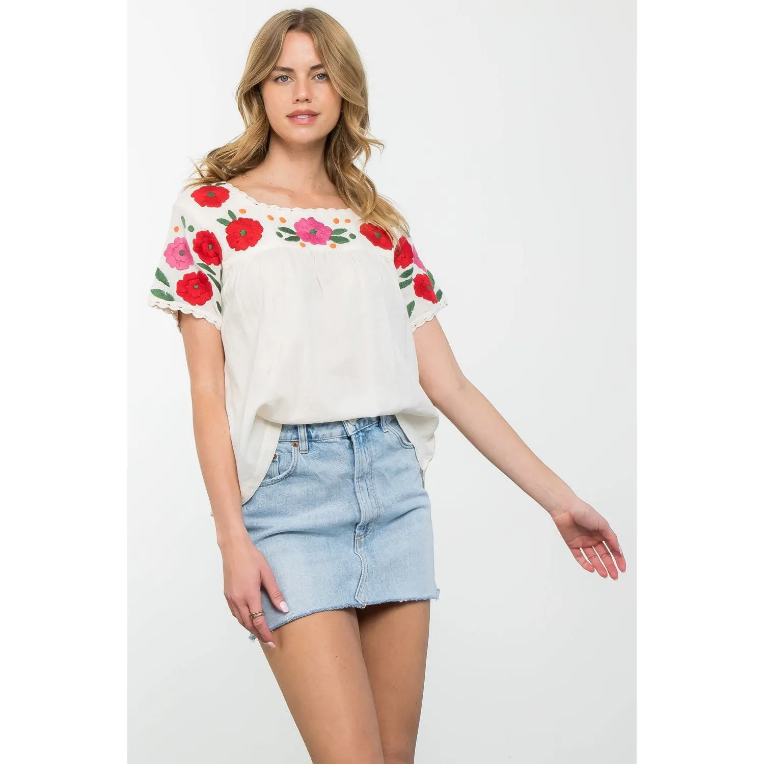 Tonya Flower Embroidered Short SleeveTHML Top -SALE