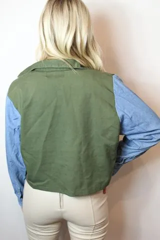 Two Toned Military Jacket With Rose Applique