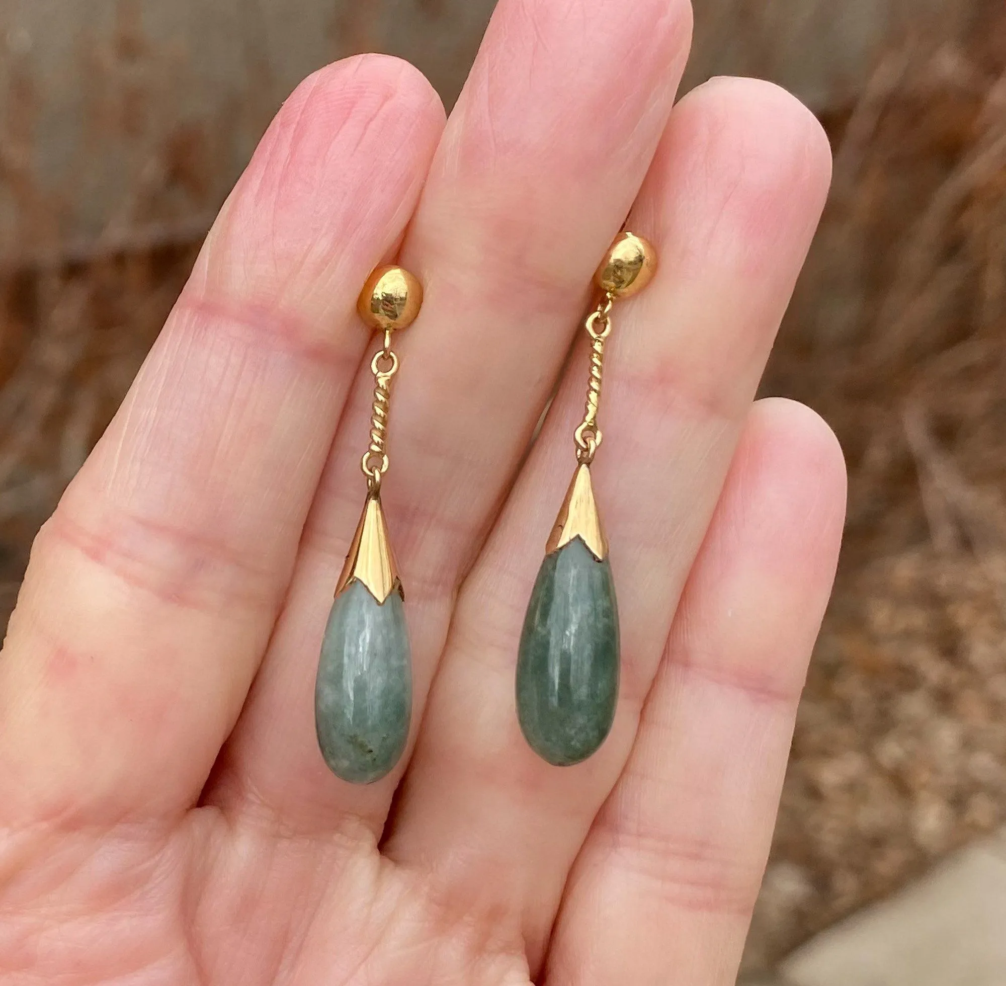 Vintage 14K Gold Pierced Jade Drop Earrings, 1 5/8 in.