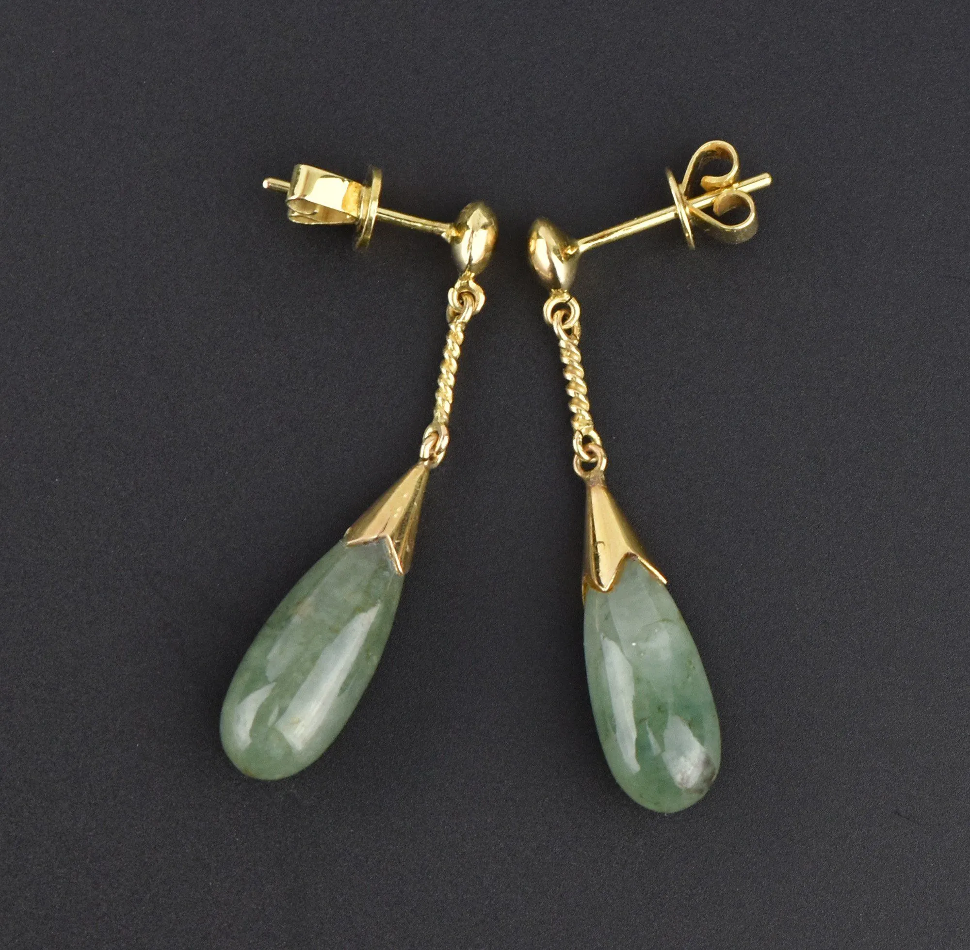 Vintage 14K Gold Pierced Jade Drop Earrings, 1 5/8 in.