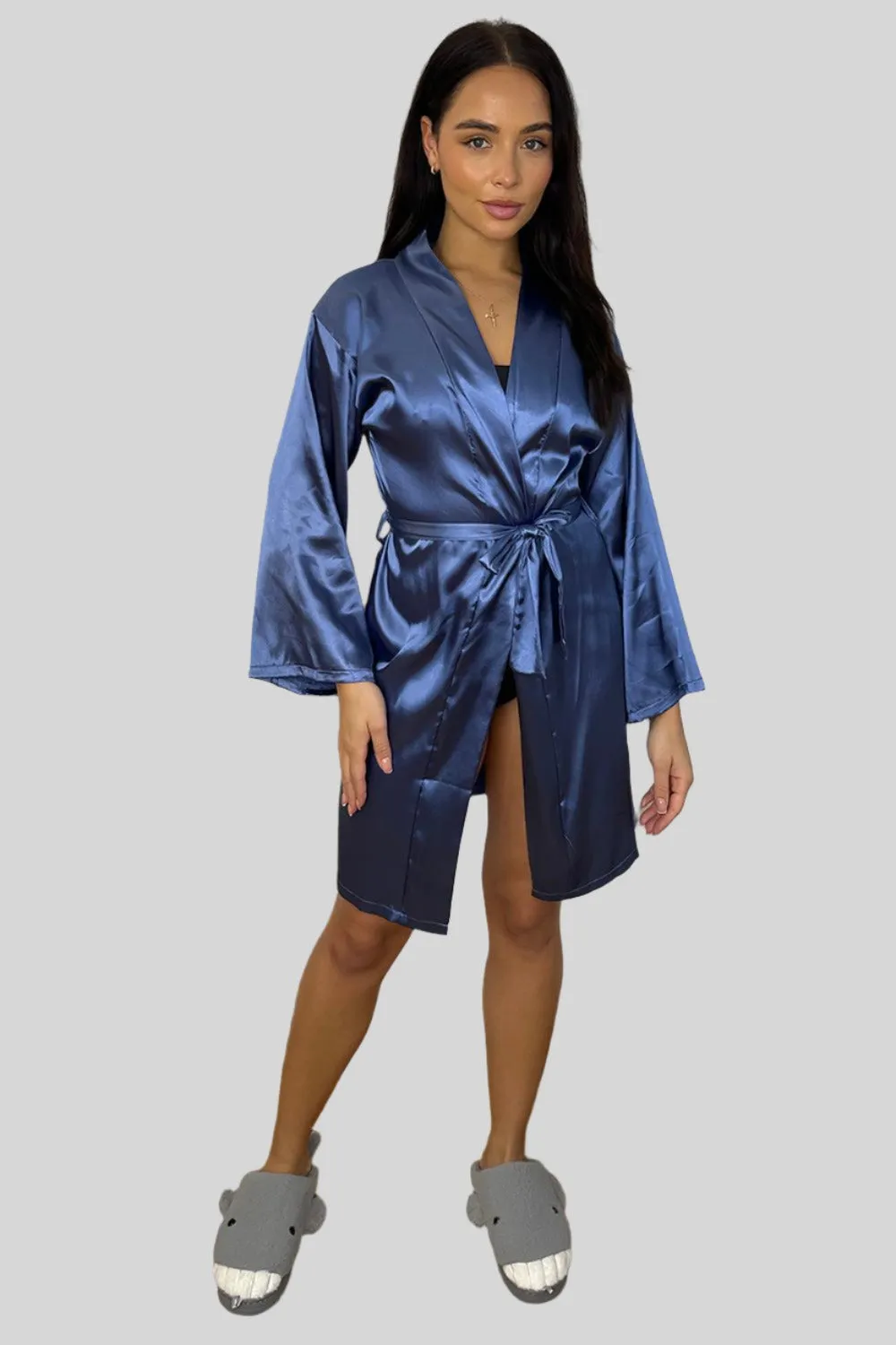 Wide Sleeves Belted Satin House Gown