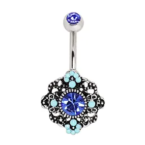 WILDKLASS 316L Stainless Steel Ornate Blue Flower Navel Ring